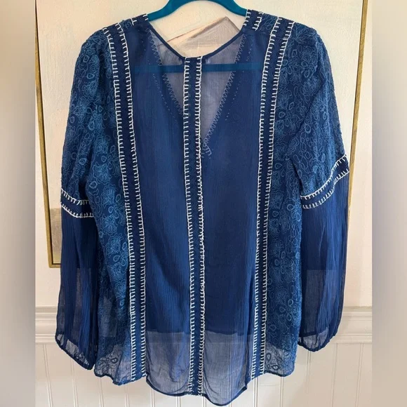 ALICE & OLIVIA Blue Sheer Natalya Lace Peasant Blouse Size Large - Picture 6 of 6
